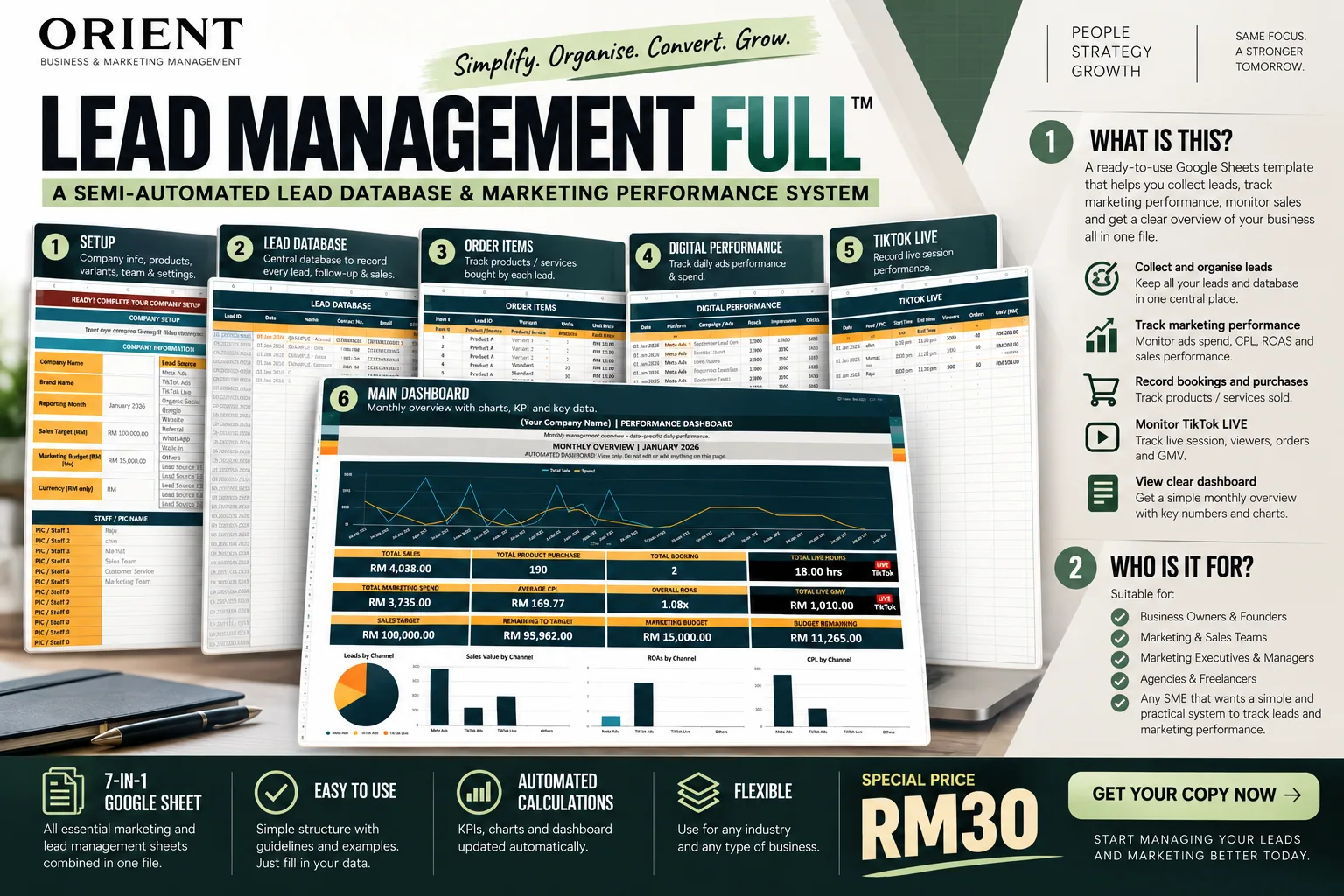 Lead Management FULL Google Sheets dashboard preview